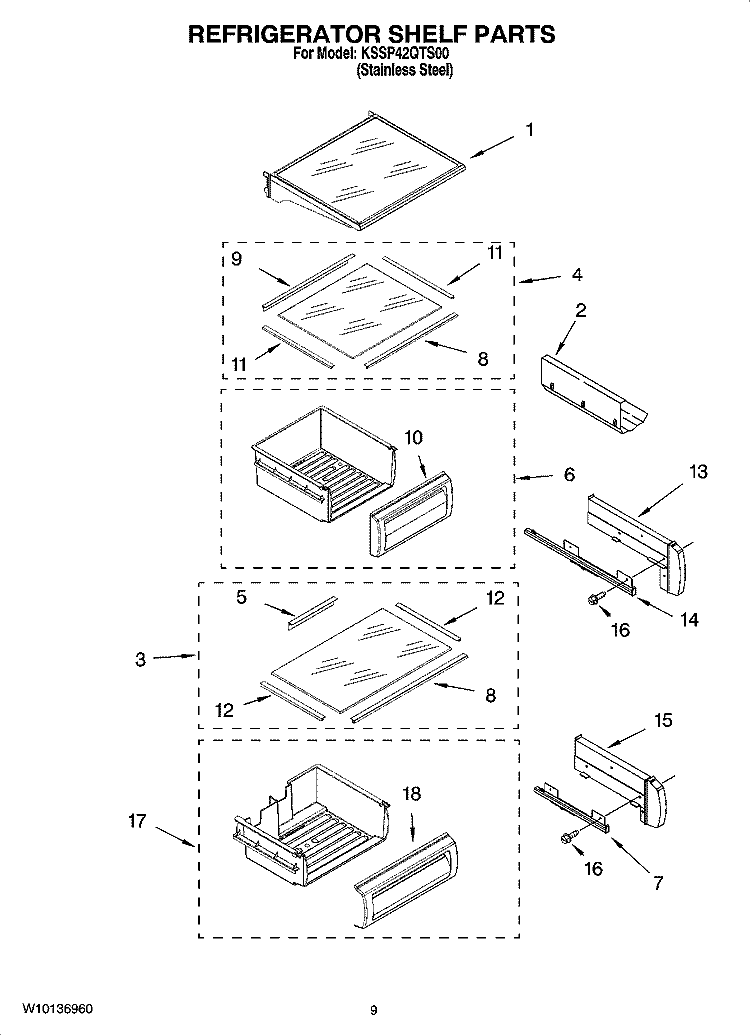 REFRIGERATOR SHELF PARTS Diagram and Parts List for KSSP42QTS00  KitchenAid Refrigerator