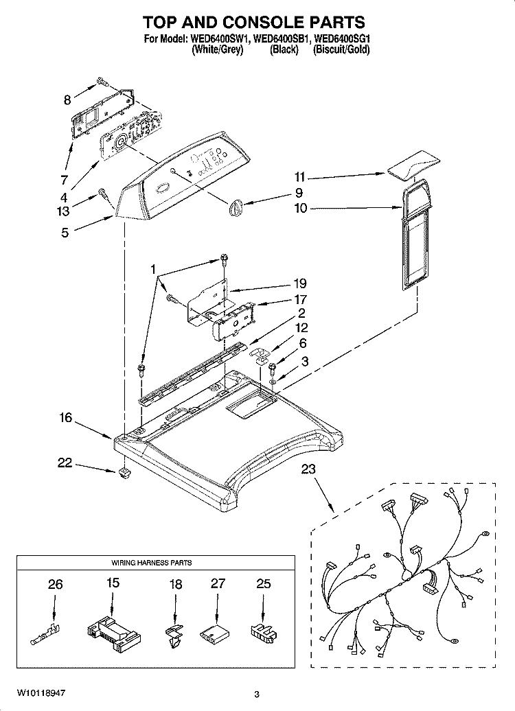 TOP AND CONSOLE PARTS Diagram and Parts List for WED6400SB1  Whirlpool Dryer