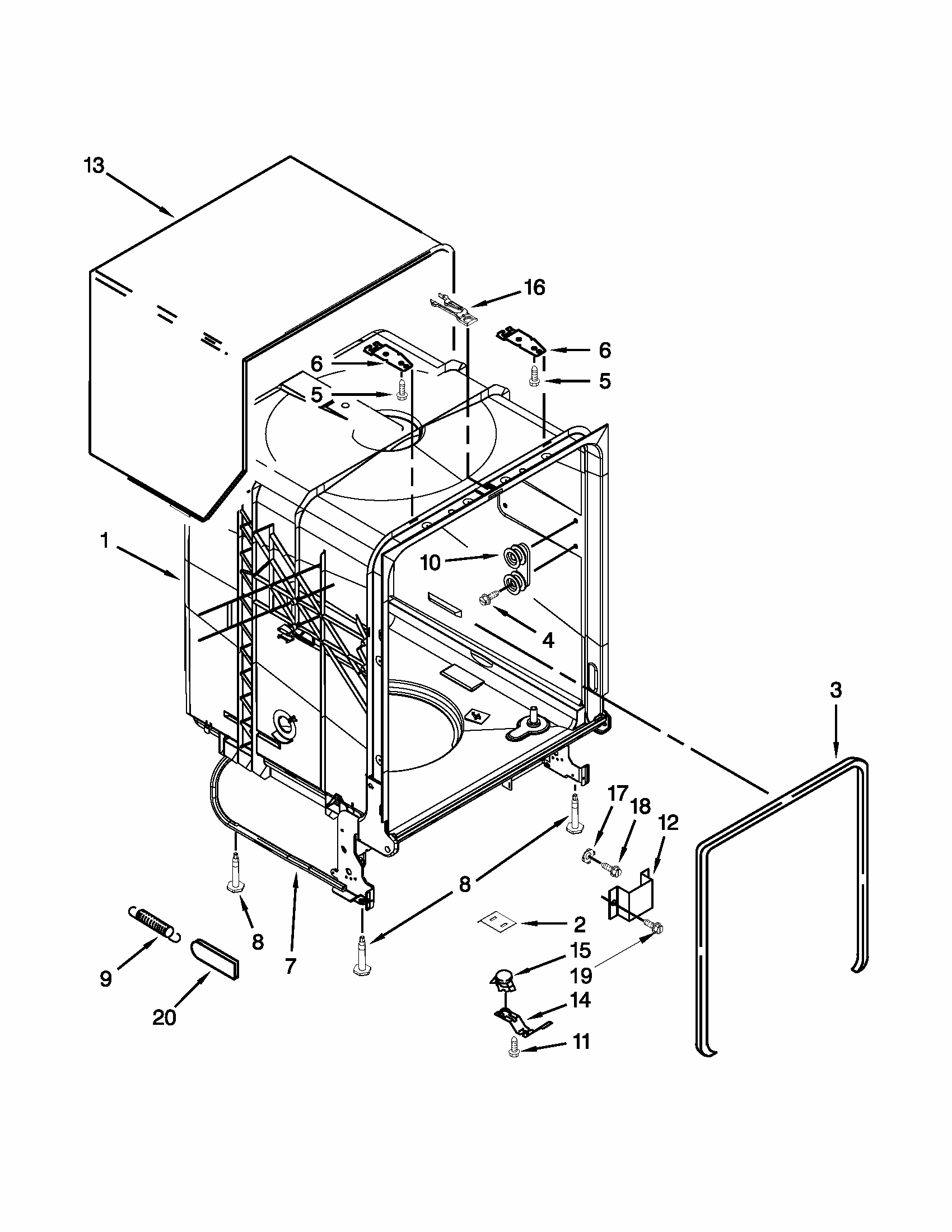 Tub And Frame Parts Diagram and Parts List for 66513033K114  Kenmore Dishwasher