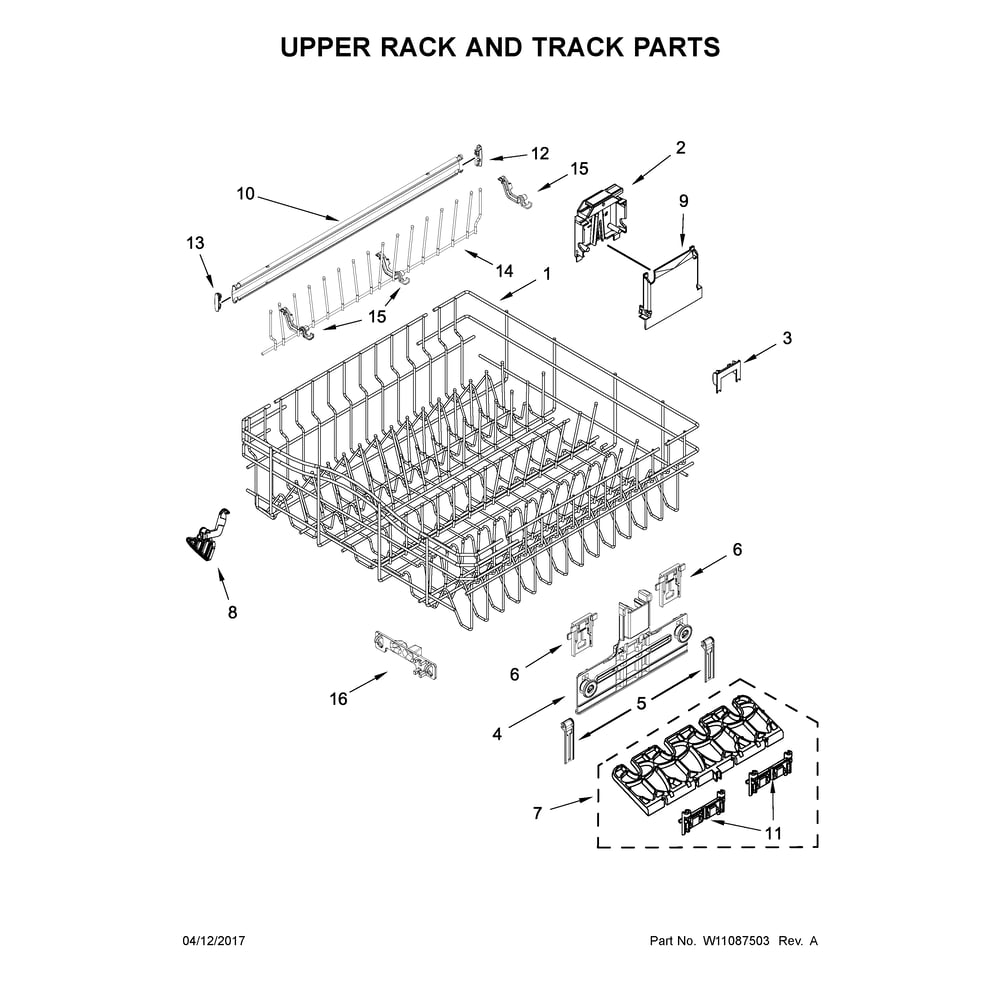 Upper Rack And Track Parts Diagram and Parts List for WDTA50SAHW0  Whirlpool Dishwasher