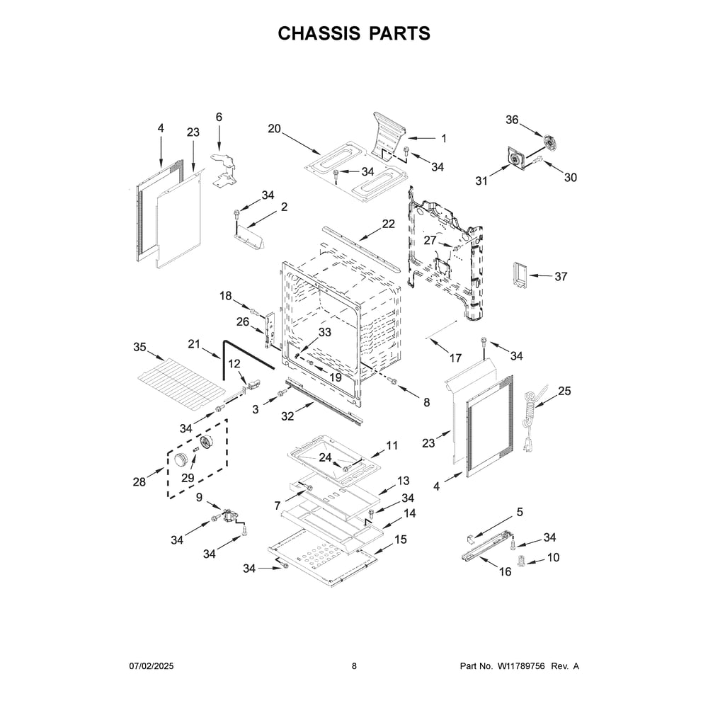 Chassis Parts Diagram and Parts List for WFGS4530SV0  Whirlpool Range