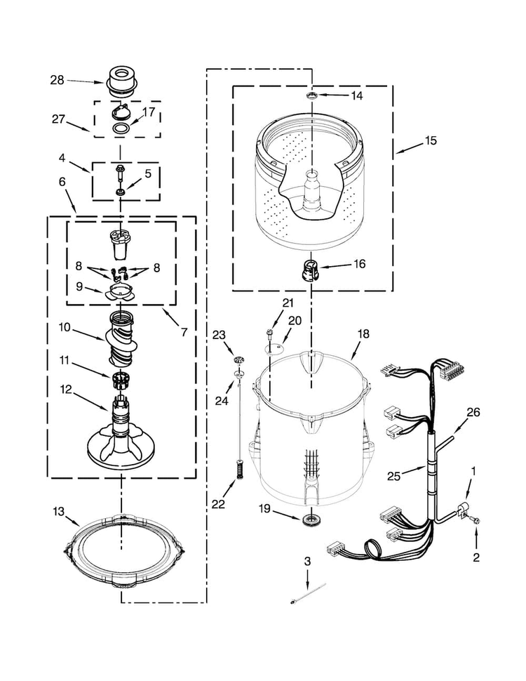 Basket And Tub Parts Diagram and Parts List for 11022102310  Kenmore Washer