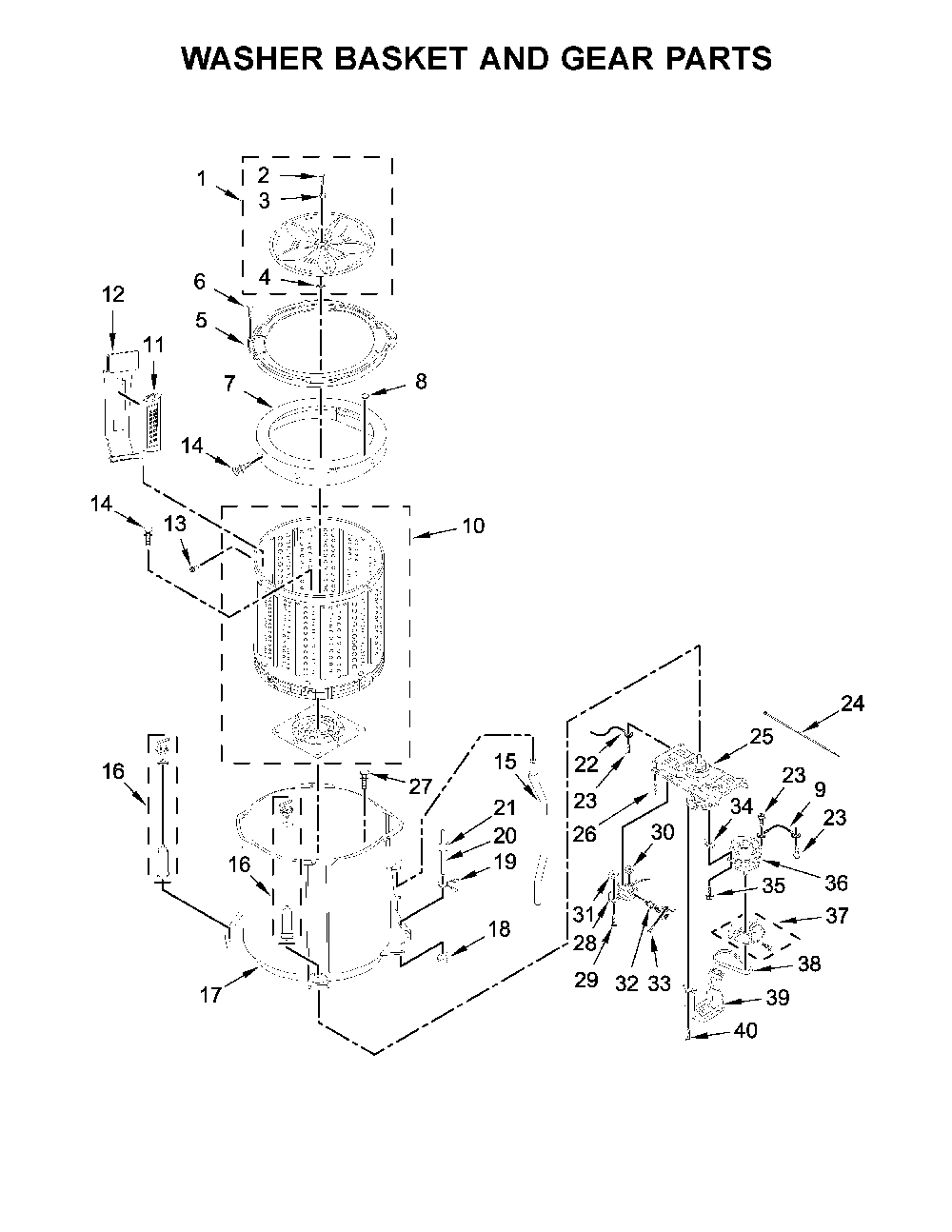 Washer basket and gear parts Diagram and Parts List for 11081442710  Kenmore Washer Dryer Combo