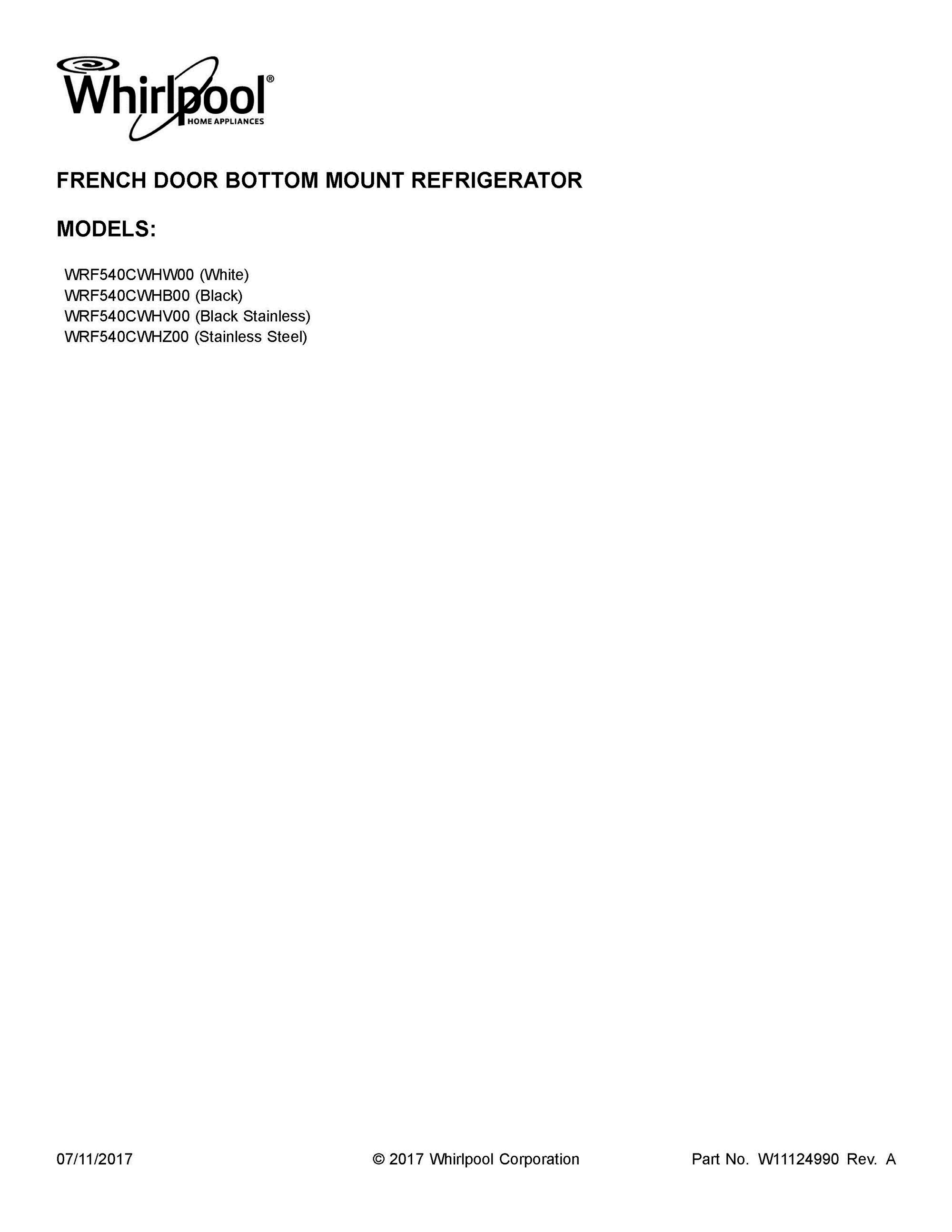01 - COVER SHEET Diagram and Parts List for WRF540CWHB00  Whirlpool Refrigerator