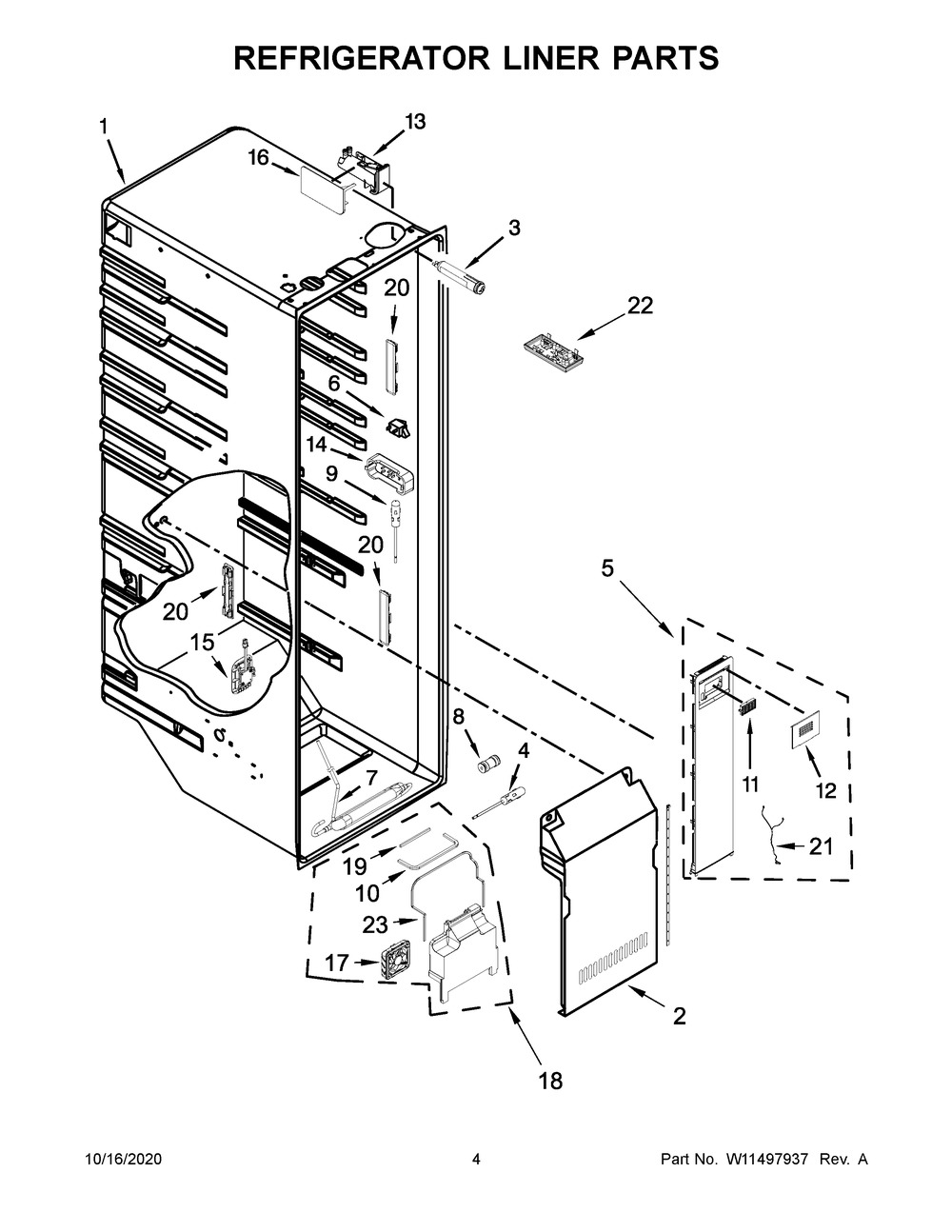 Refrigerator Liner Parts Diagram and Parts List for KRSF705HBS01  Whirlpool Refrigerator
