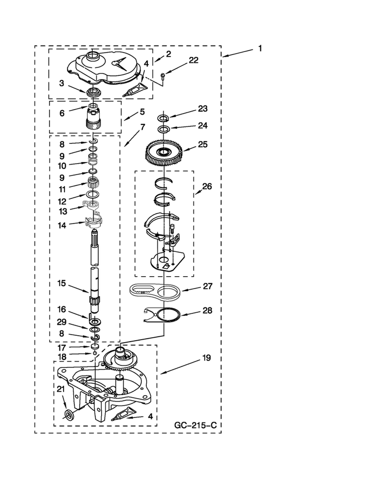 Gearcase Parts Diagram and Parts List for 1109875279A  Kenmore Washer Dryer Combo