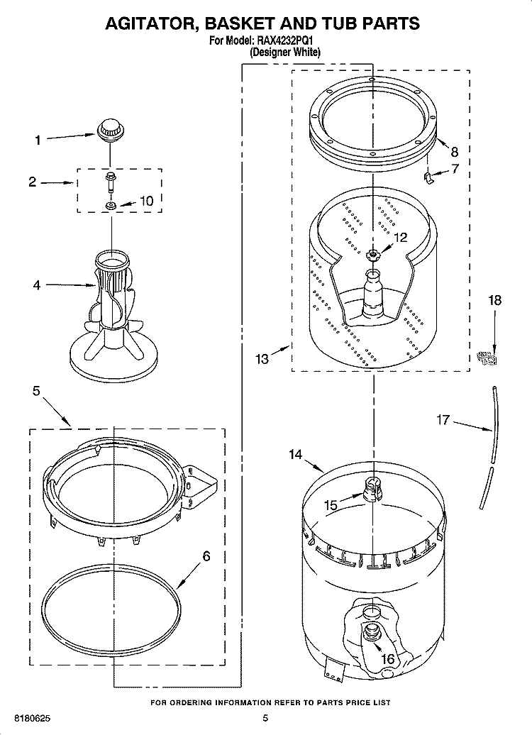 AGITATOR, BASKET AND TUB PARTS Diagram and Parts List for RAX4232PQ1  Roper Washer