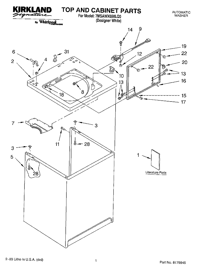 TOP AND CABINET PARTS Diagram and Parts List for 7MSAWX650LQ0  Whirlpool Washer