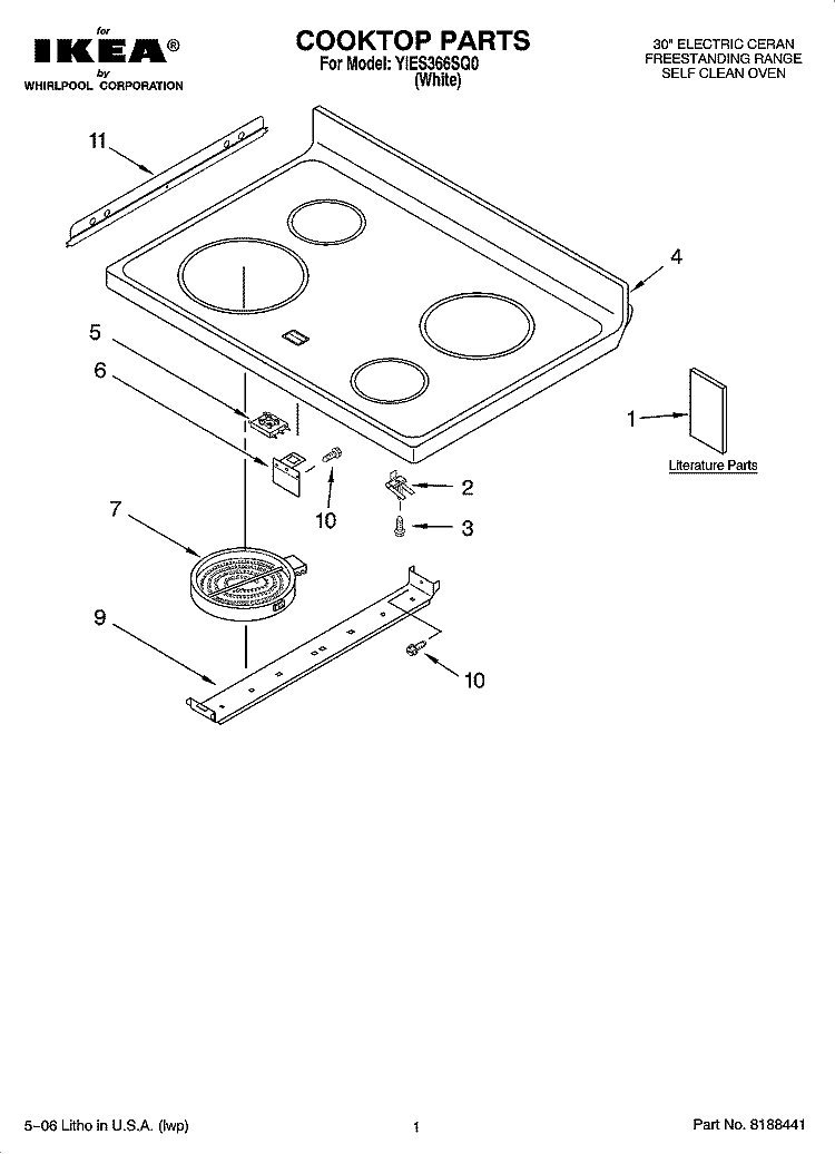 COOKTOP PARTS Diagram and Parts List for YIES366SQ0  Whirlpool Range
