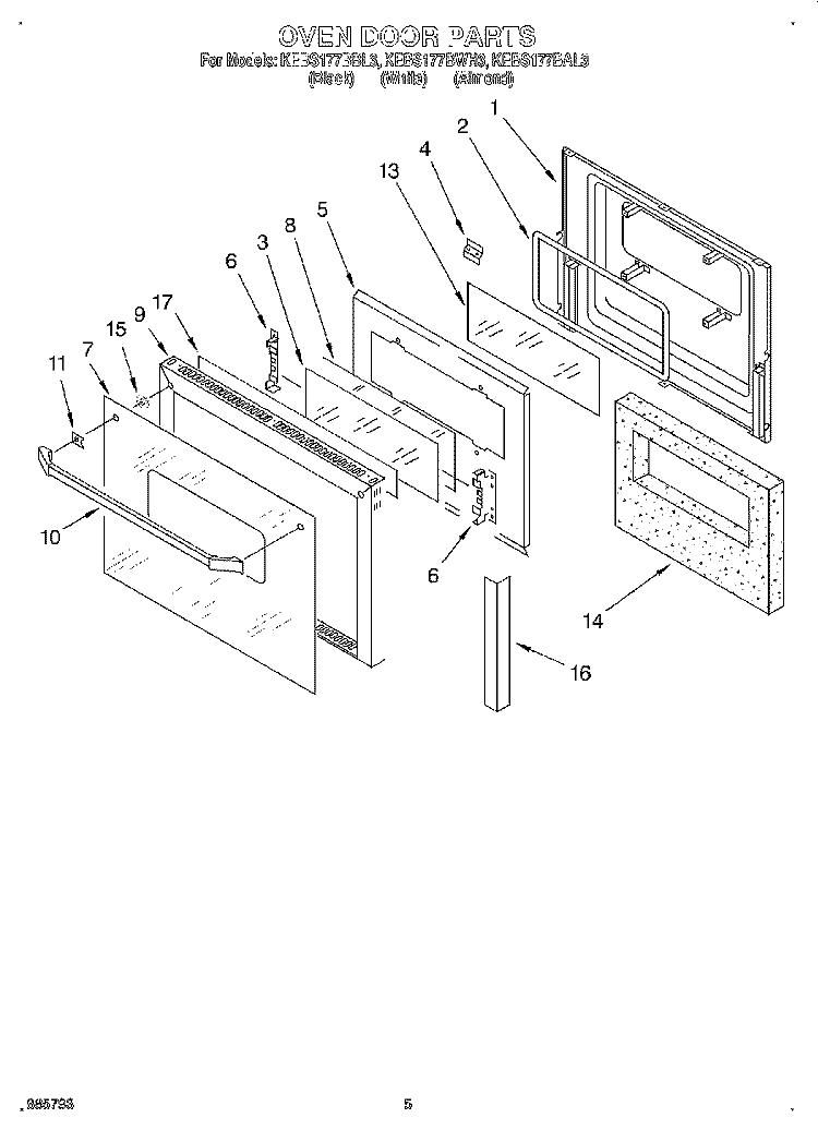 OVEN DOOR Diagram and Parts List for KEBS177BBL3  KitchenAid Wall Oven