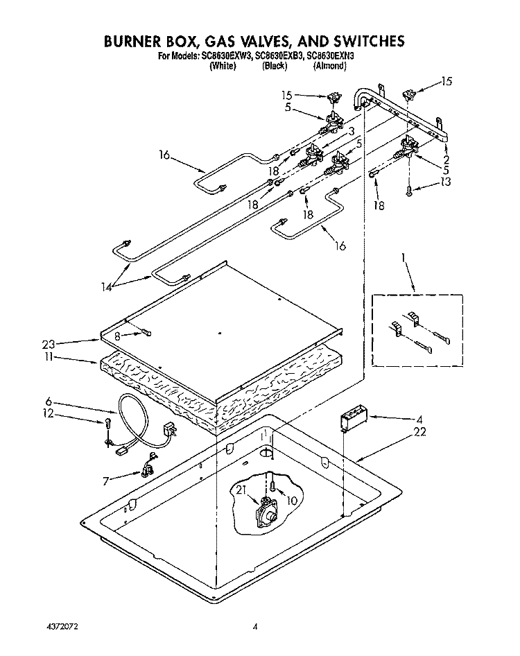 BURNER BOX, GAS VALVES, AND SWITCHES Diagram and Parts List for SC8630EXB3  Whirlpool Cooktop
