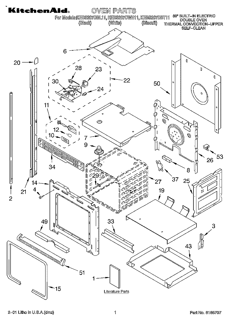 OVEN, LITERATURE Diagram and Parts List for KEBS207DBL11  KitchenAid Wall Oven