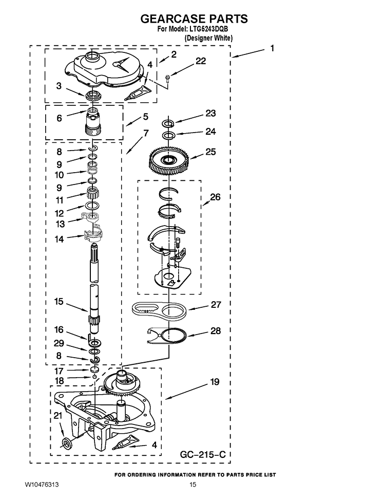 GEARCASE PARTS Diagram and Parts List for LTG5243DQB  Whirlpool Washer Dryer Combo