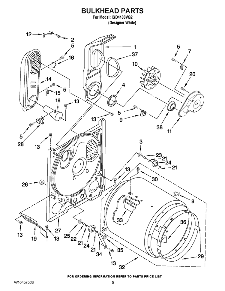 BULKHEAD PARTS Diagram and Parts List for IGD4400VQ2  Inglis Dryer