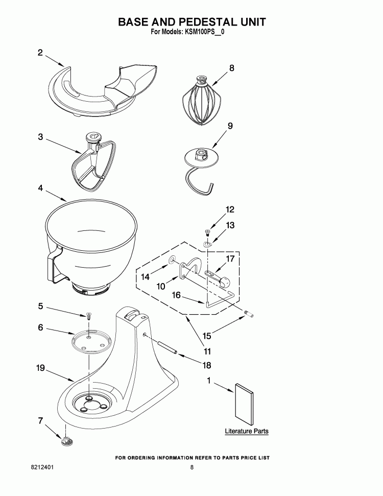 BASE AND PEDESTAL UNIT Diagram and Parts List for KSM100PSER0  KitchenAid Mixer