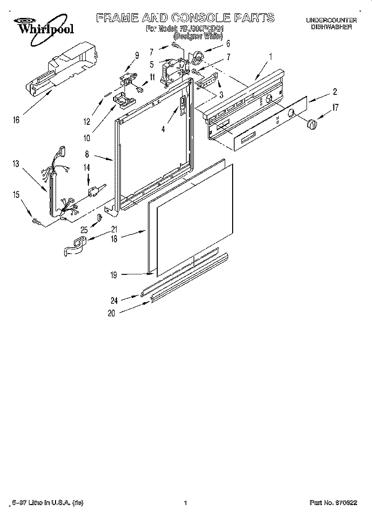 FRAME AND CONSOLE Diagram and Parts List for 7DU900PCDQ1  Whirlpool Dishwasher