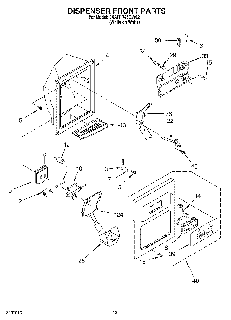 DISPENSER FRONT Diagram and Parts List for 3XART745GW02  Whirlpool Refrigerator