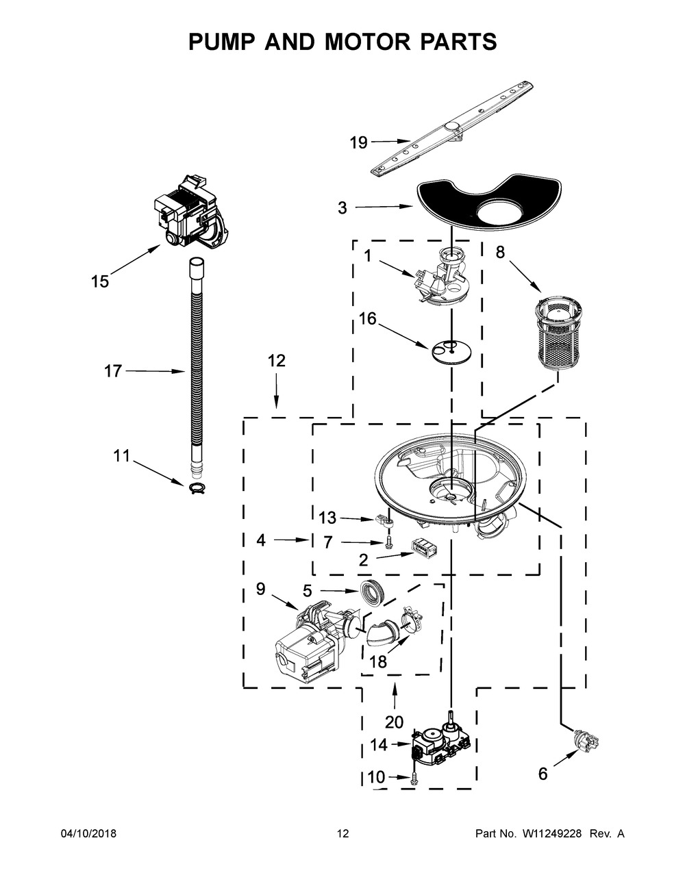 Pump And Motor Parts Diagram and Parts List for IDT930SAGX0  Whirlpool Dishwasher