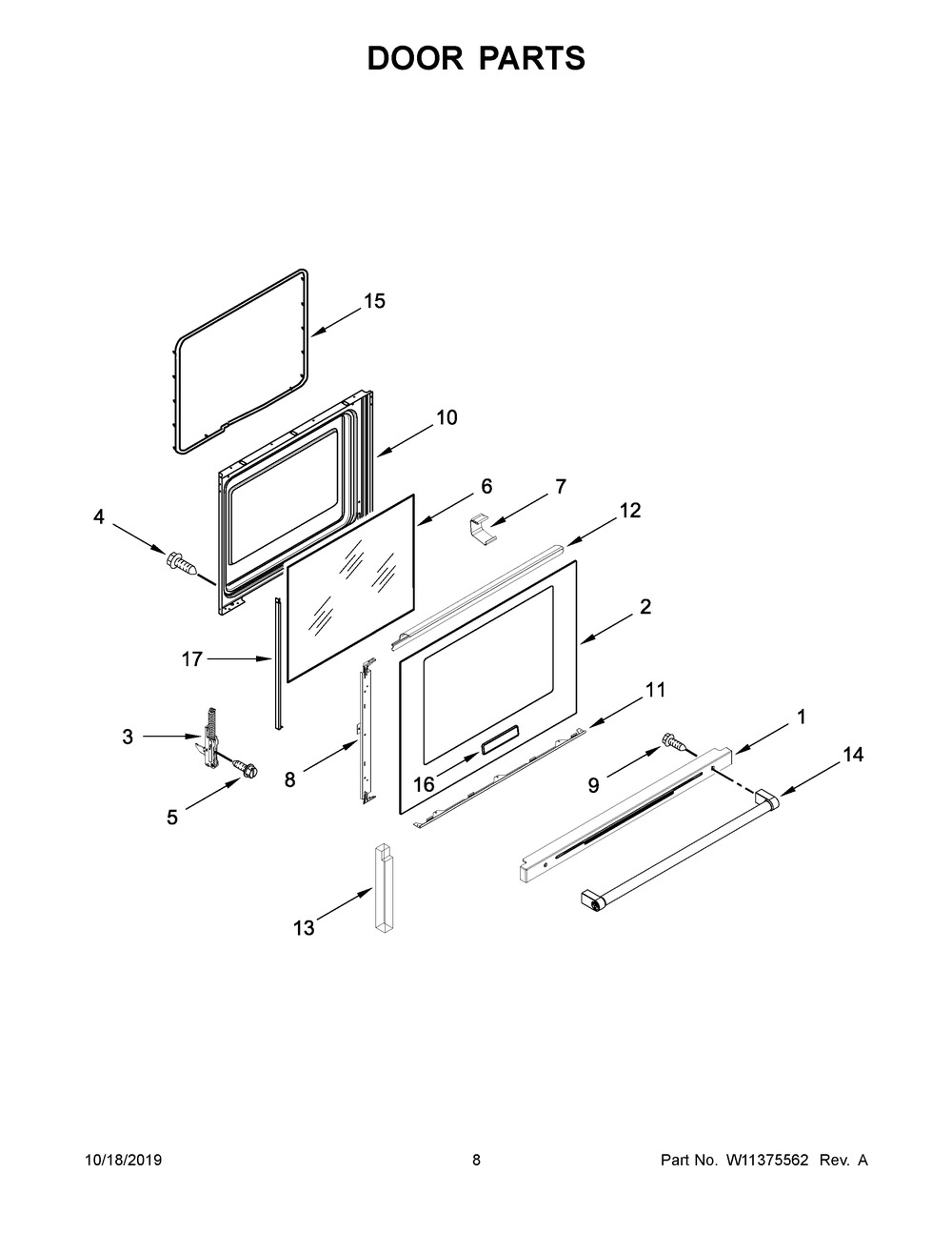 Door Parts Diagram and Parts List for YKFEG500EWH3  Whirlpool Range