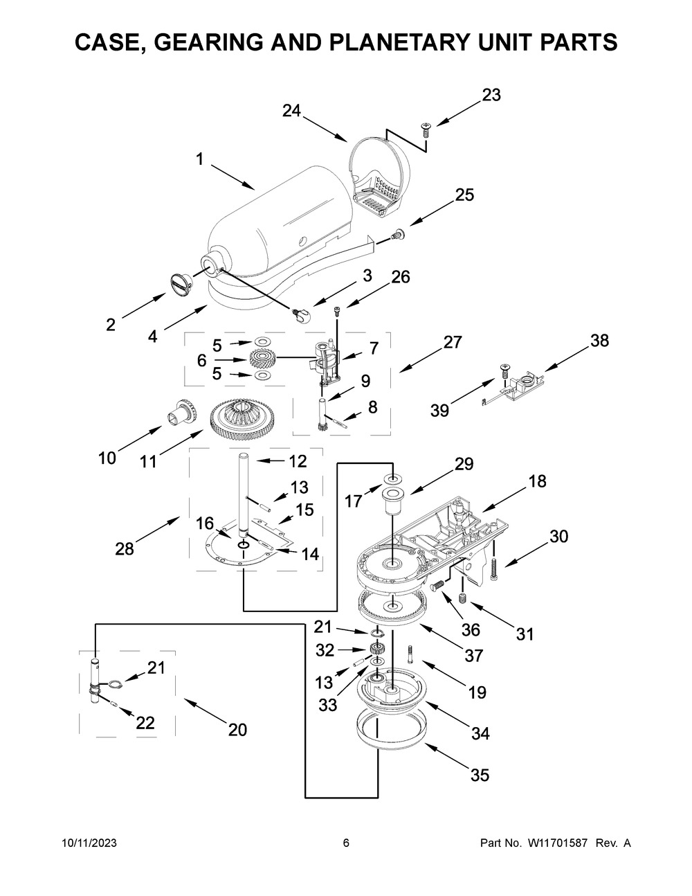 Case, Gearing And Planetary Unit Parts Diagram and Parts List for 5KSM195PSRBE5  KitchenAid Mixer