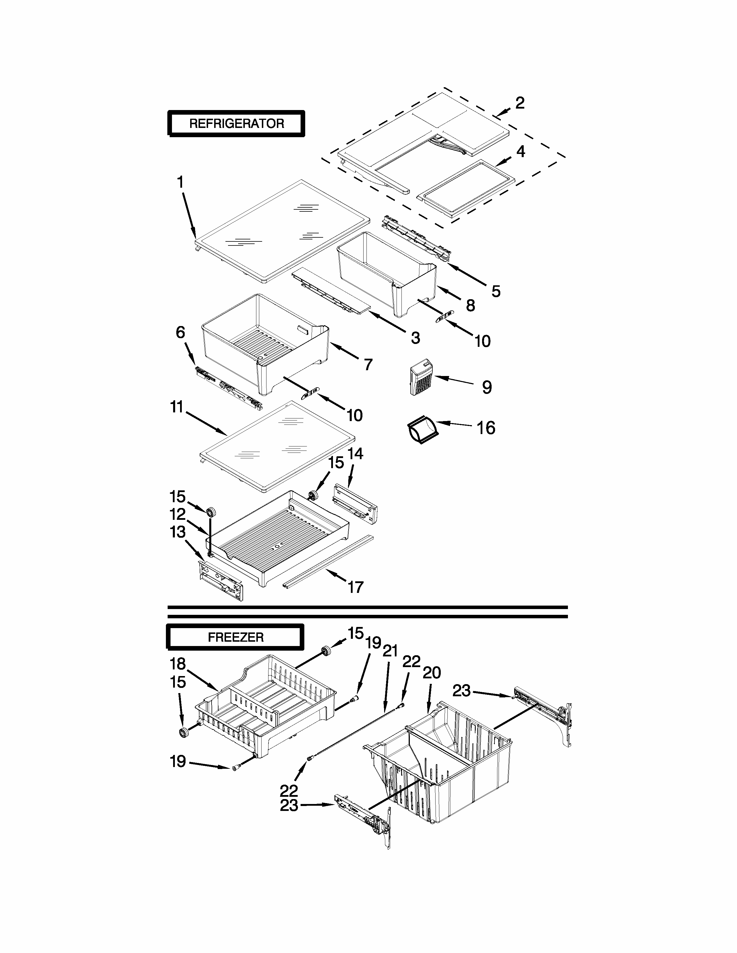 Shelf Parts Diagram and Parts List for 59673003510  Kenmore Refrigerator