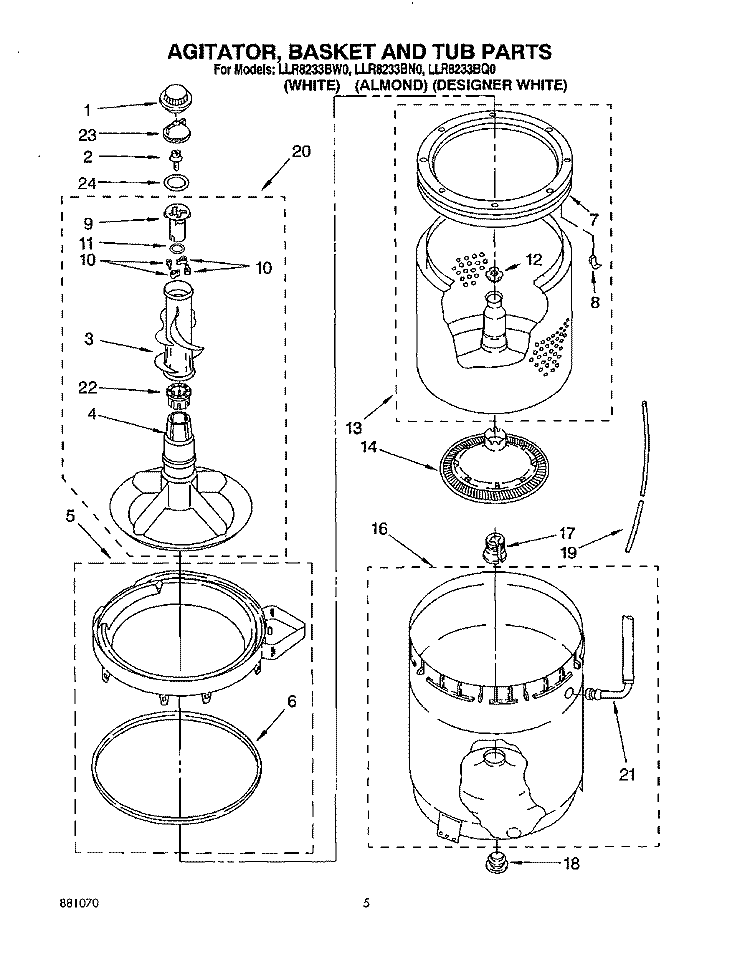 AGITATOR, BASKET, AND TUB Diagram and Parts List for LLR8233BN0  Whirlpool Washer