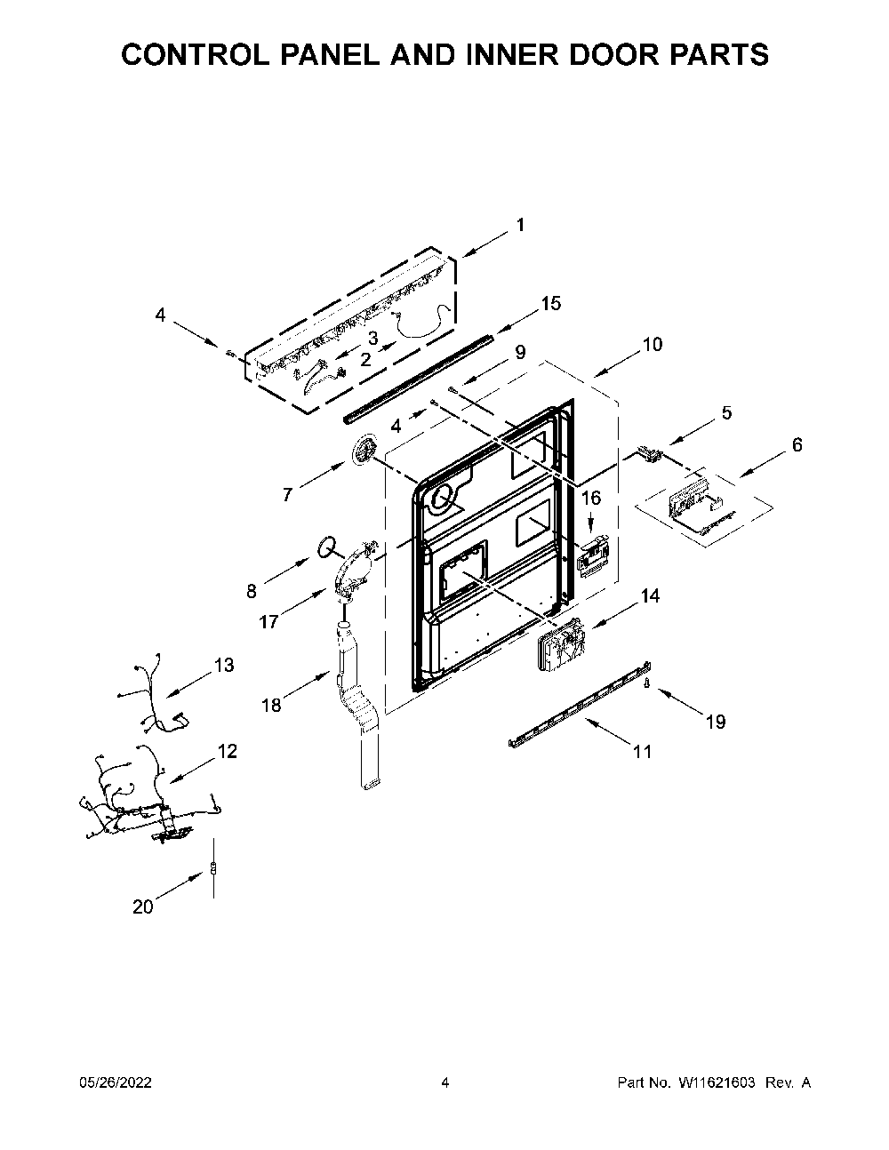 Control Panel And Inner Door Parts Diagram and Parts List for KDPM704KPS1  KitchenAid Dishwasher