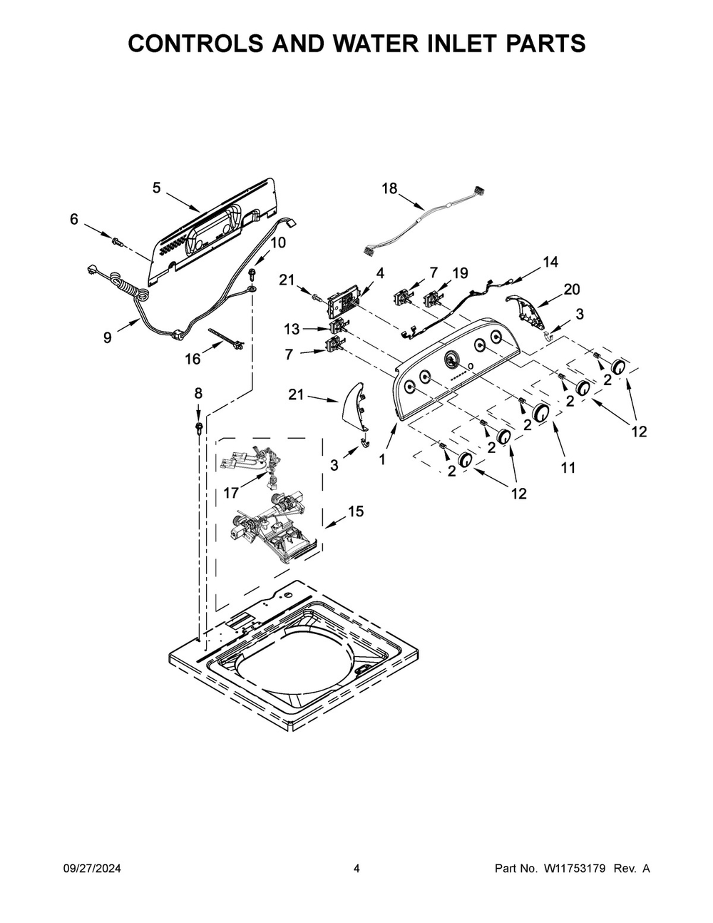 03 - Controls And Water Inlet Parts Diagram and Parts List for CWW3812RW0  Whirlpool Washer