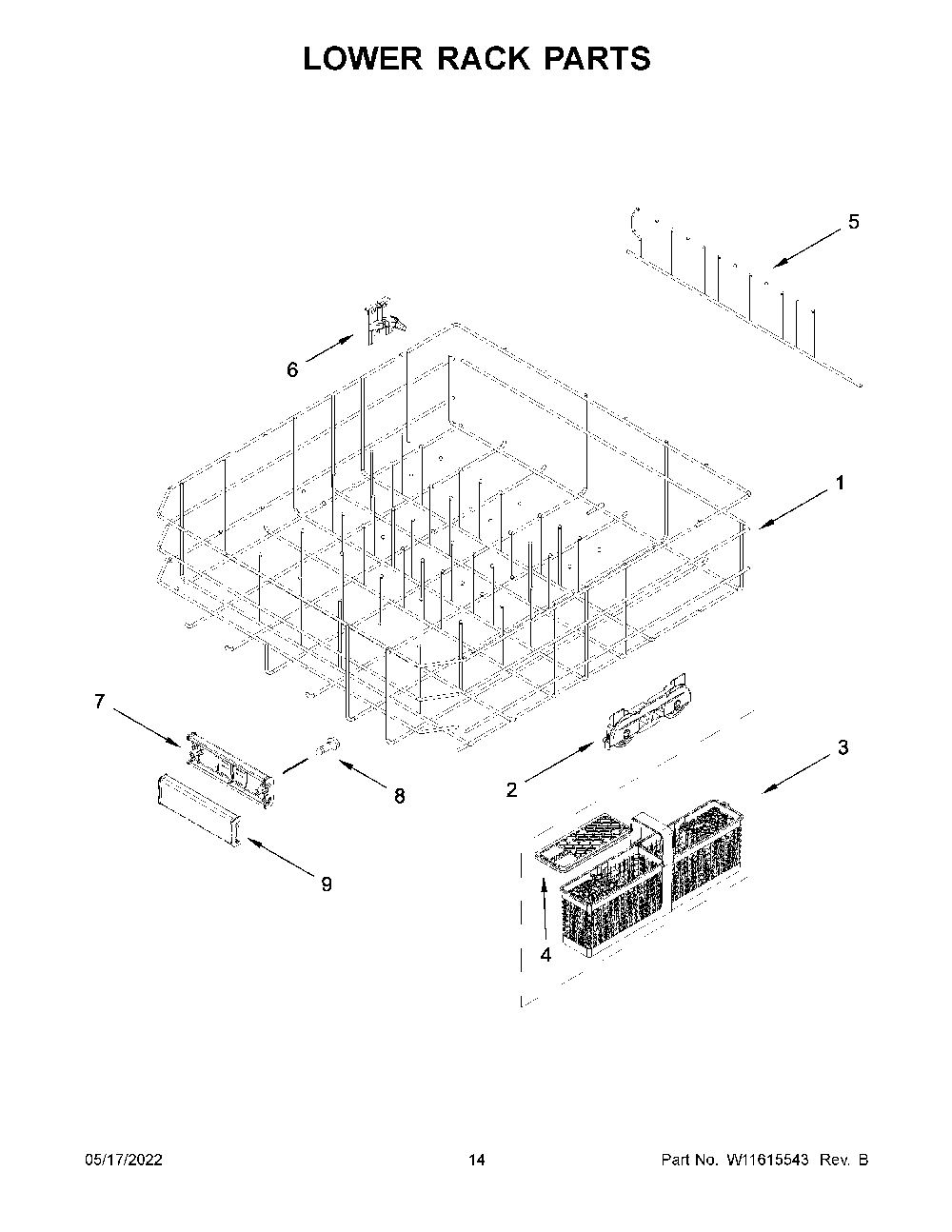 Lower Rack Parts Diagram and Parts List for KDTM404KPS1  KitchenAid Dishwasher