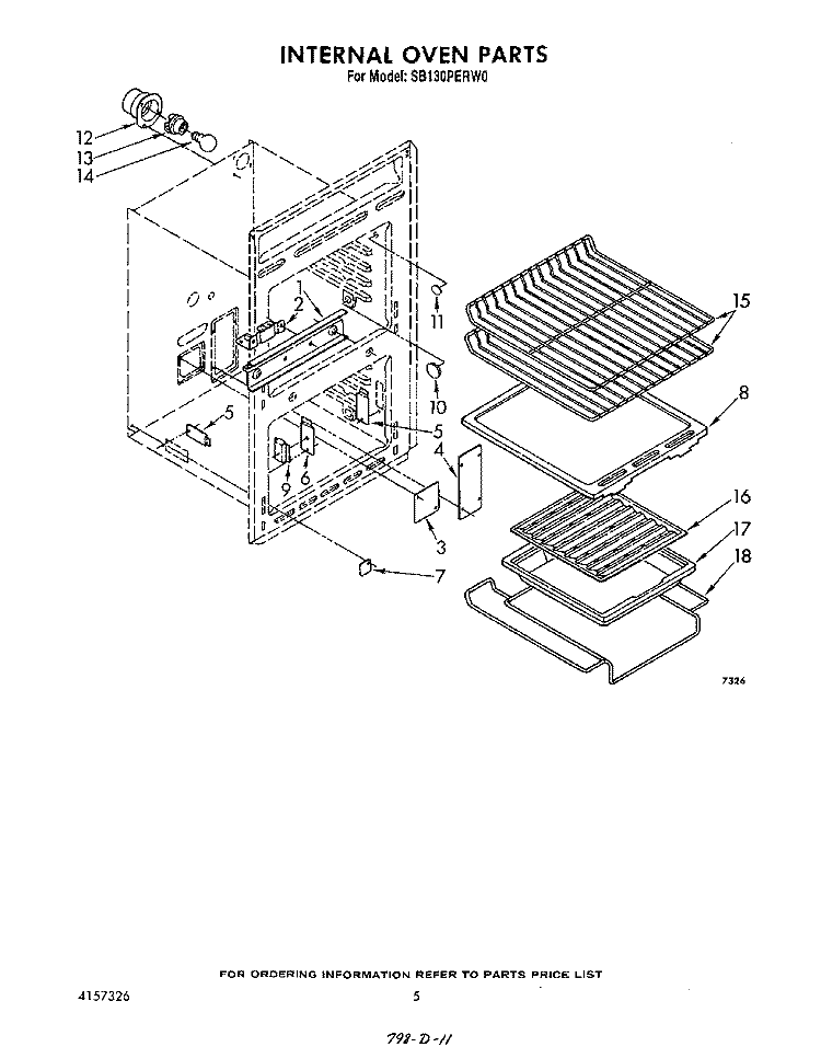 INTERNAL OVEN Diagram and Parts List for SB130PERW0  Whirlpool Range