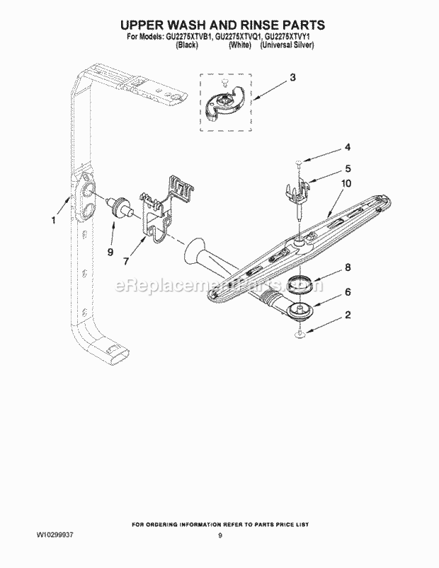 UPPER WASH AND RINSE PARTS Diagram and Parts List for GU2275XTVY1  Whirlpool Dishwasher