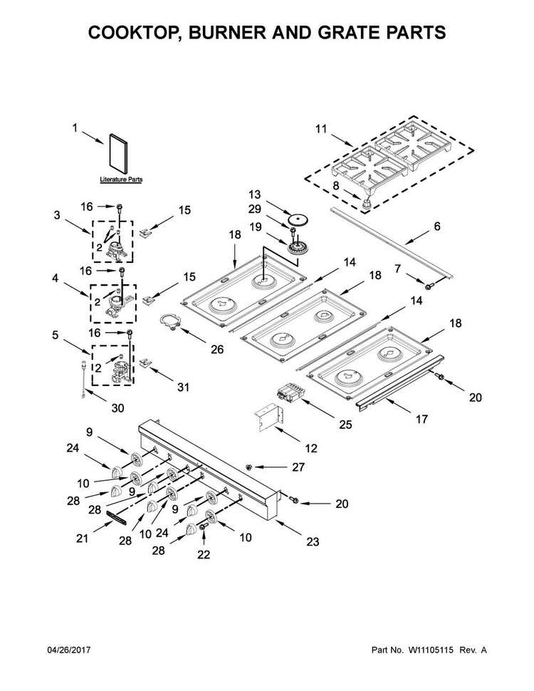 Cooktop, Burner And Grate Parts Diagram and Parts List for KGCU467VSS02  KitchenAid Cooktop