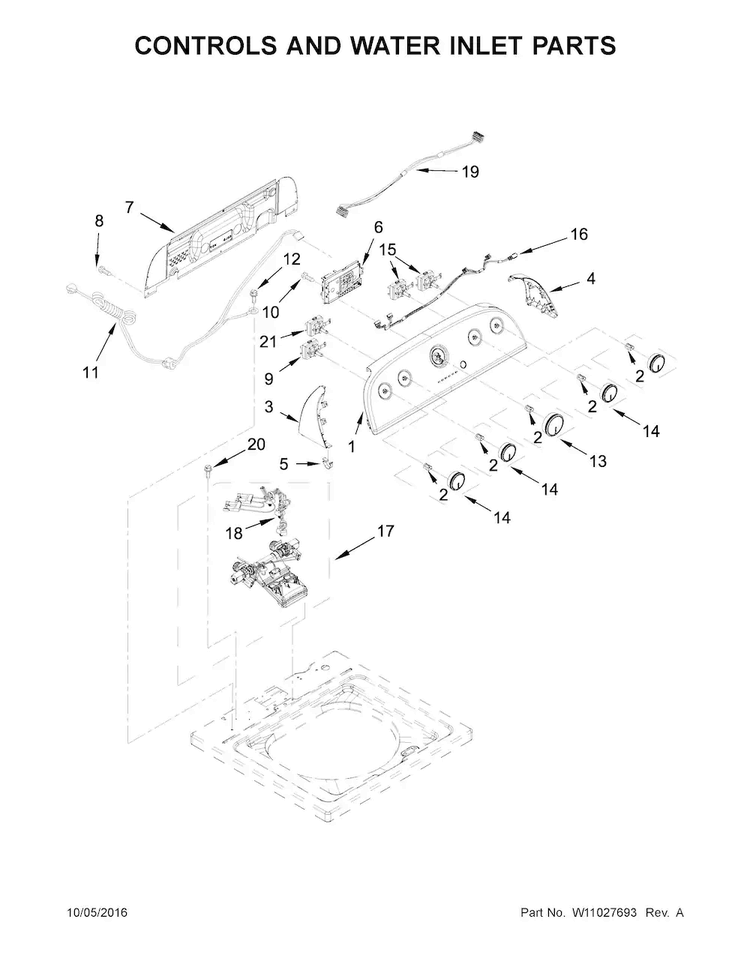 Controls And Water Inlet Parts Diagram and Parts List for 4KWTW4845FW0  Whirlpool Washer