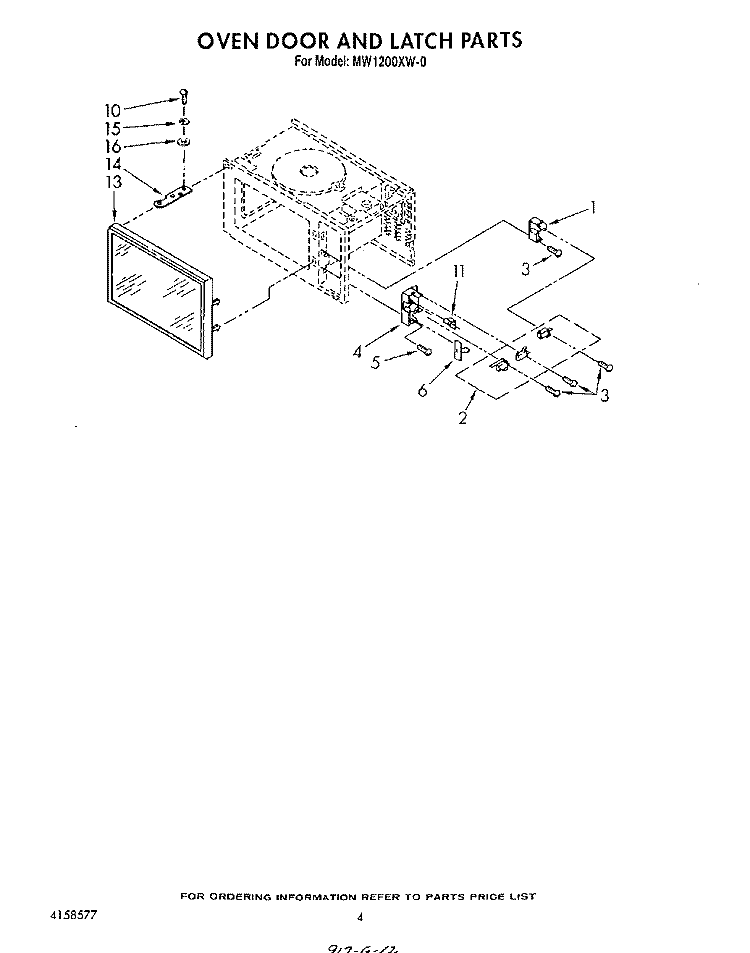 OVEN DOOR AND LATCH Diagram and Parts List for MW1200XW0  Whirlpool Microwave