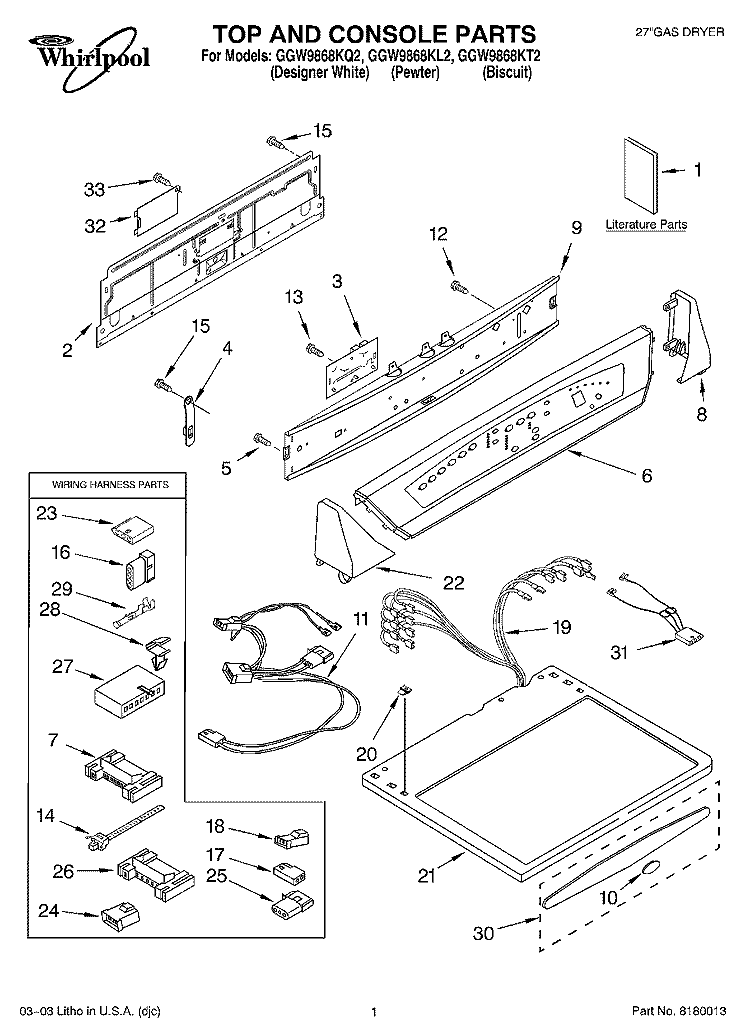 TOP AND CONSOLE PARTS Diagram and Parts List for GGW9868KL2  Whirlpool Dryer
