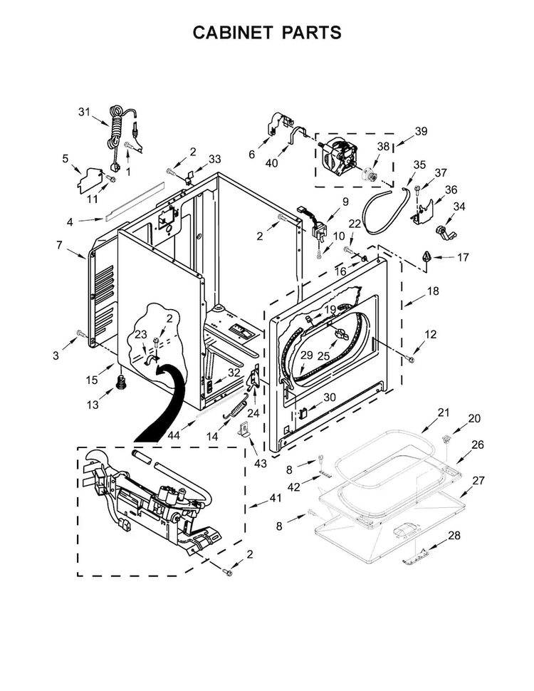 Cabinet Parts Diagram and Parts List for WGD49STBW1  Whirlpool Dryer