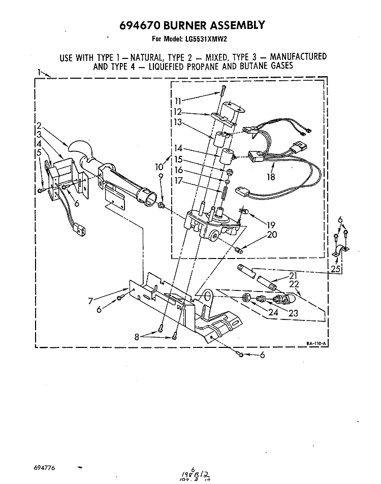 694670 BURNER Diagram and Parts List for LG5531XMW2  Whirlpool Dryer