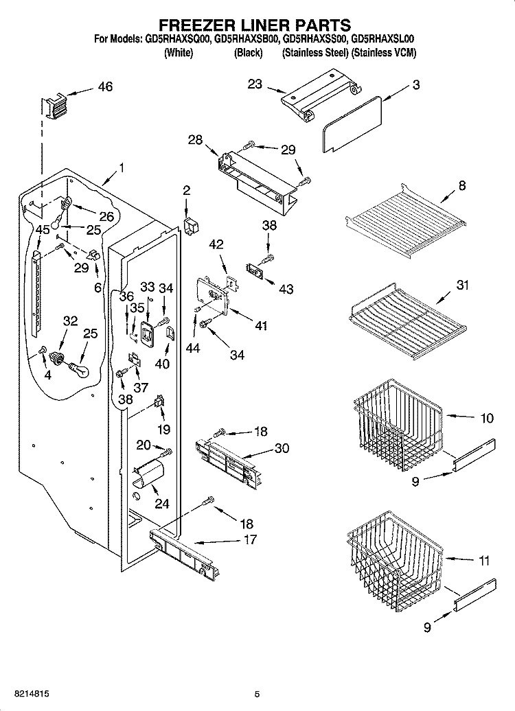 FREEZER LINER PARTS Diagram and Parts List for GD5RHAXSL00  Whirlpool Refrigerator