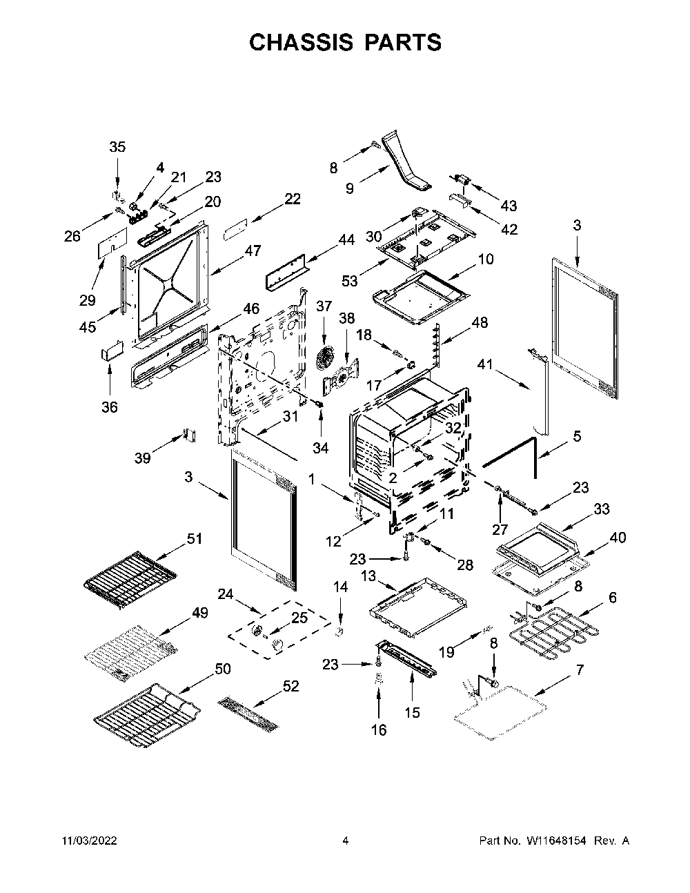 Chassis Parts Diagram and Parts List for KSDB900ESS8  KitchenAid Range