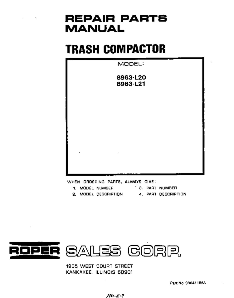 Front Cover Diagram and Parts List for 8963L21  Roper Trash Compactor