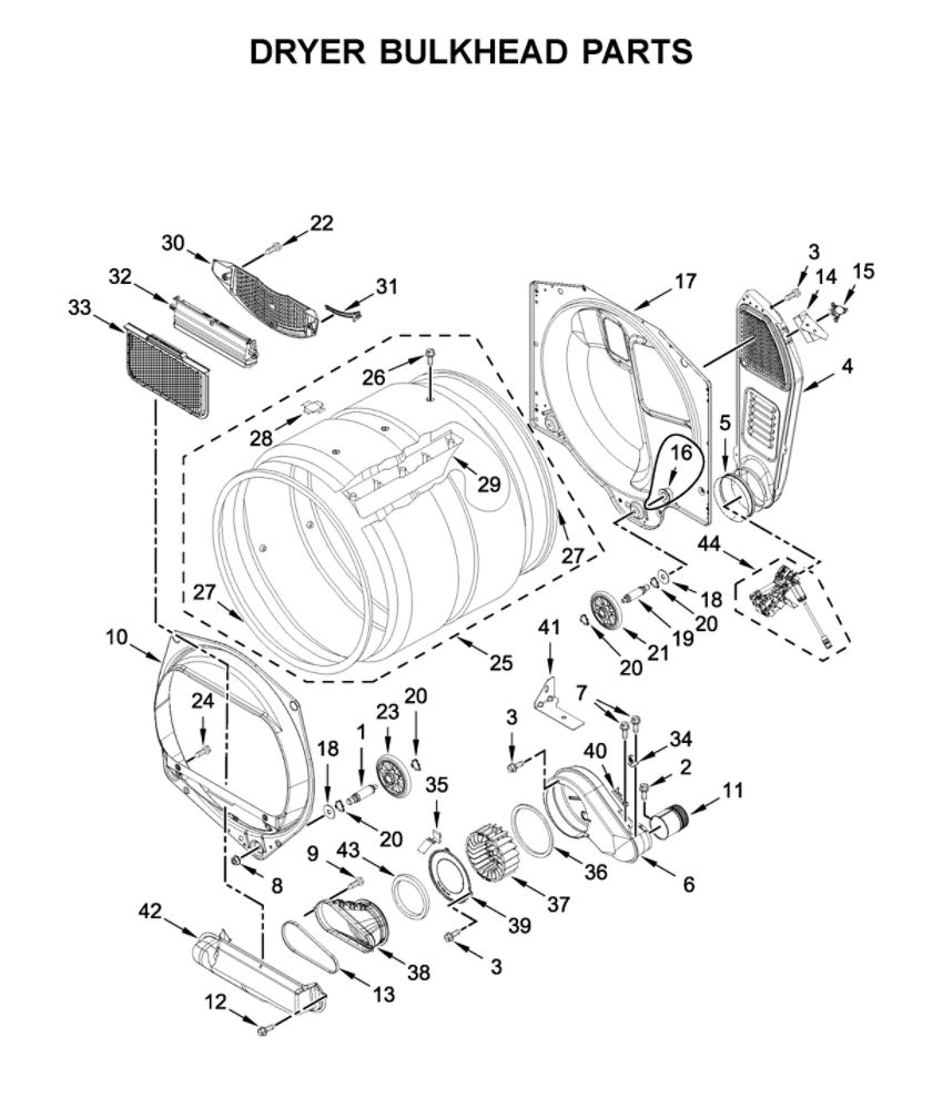 Dryer Bulkhead Parts Diagram and Parts List for WGTLV27HW1  Whirlpool Washer Dryer Combo
