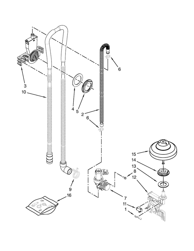 Fill, Drain And Overfill Parts Diagram and Parts List for WDF760SADM2  Whirlpool Dishwasher