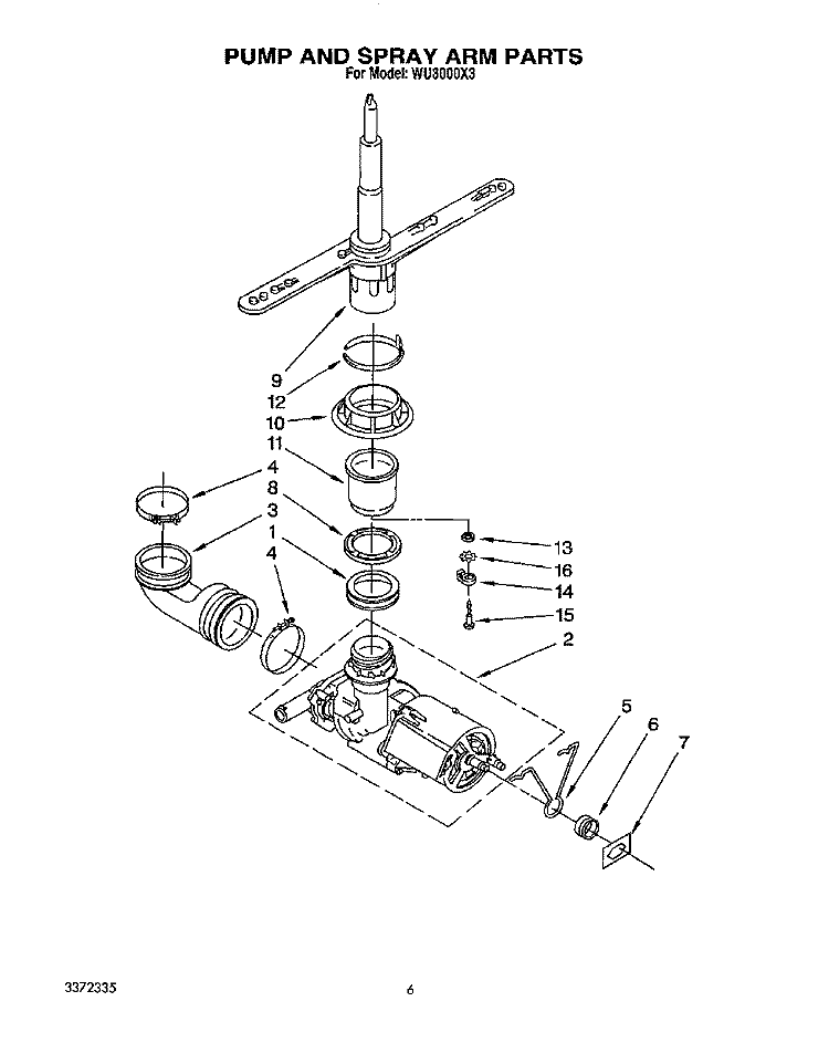 PUMP AND SPRAYARM Diagram and Parts List for WU3000X3  Roper Dishwasher