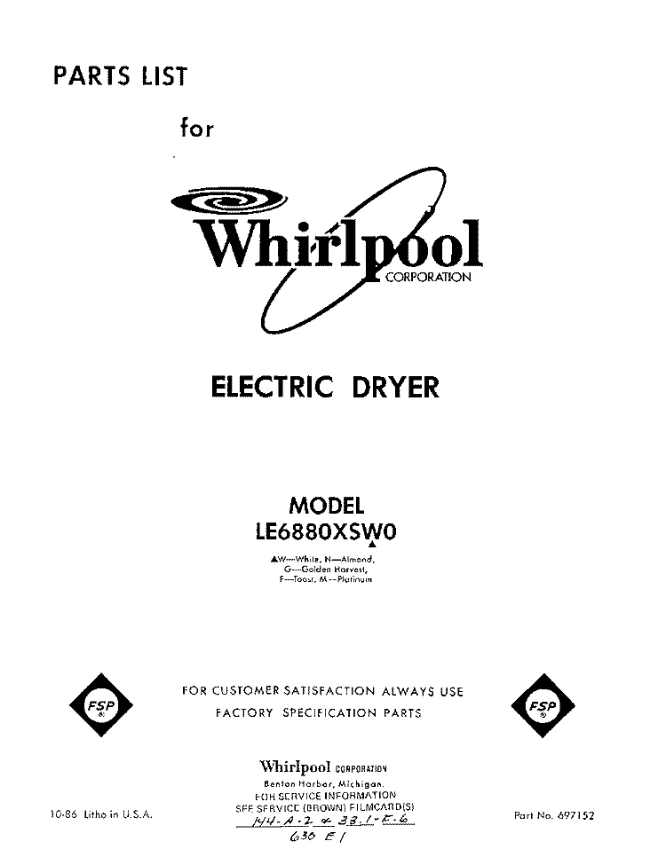 SECTION Diagram and Parts List for LE6880XSW0  Whirlpool Dryer