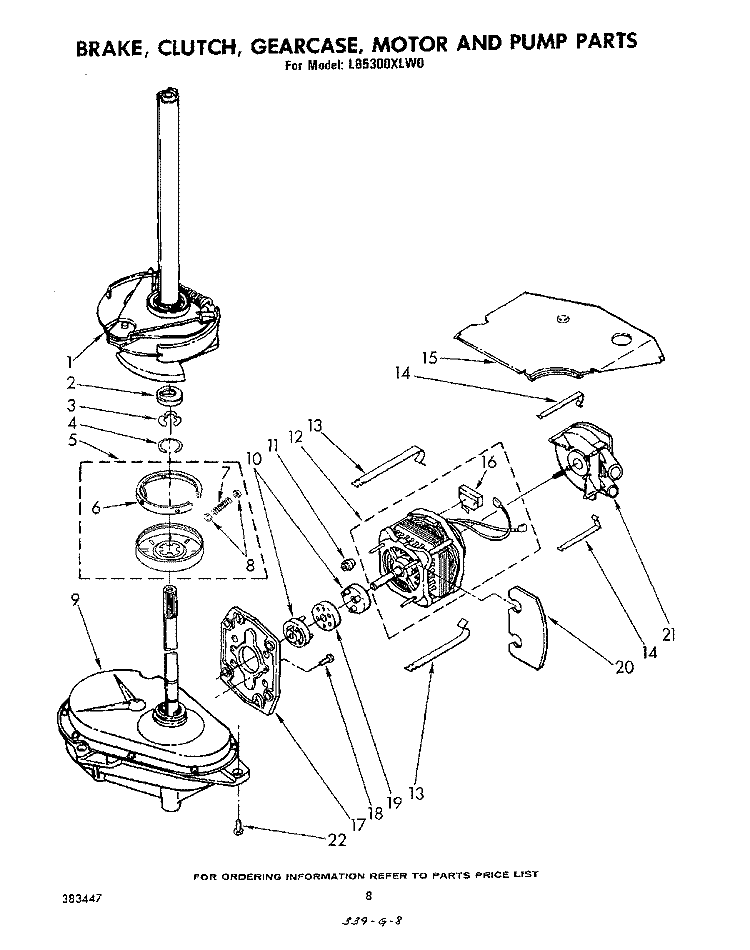 BRAKE, CLUTCH, GEARCASE, MOTOR AND PUMP Diagram and Parts List for LB5300XLW0  Whirlpool Washer