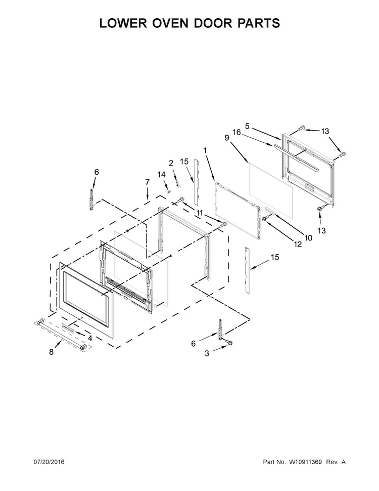 Lower Oven Door Parts Diagram and Parts List for KODE307ESS02  KitchenAid Wall Oven