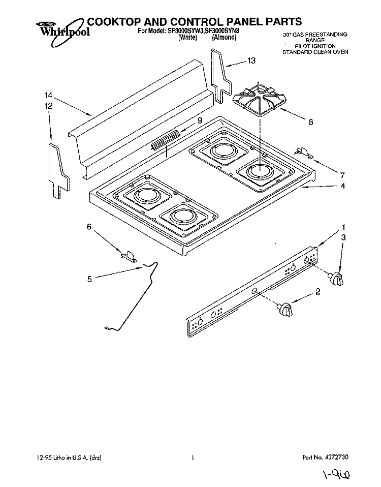 COOKTOP AND CONTROL PANEL, LITERATURE Diagram and Parts List for SF3000SYN3  Whirlpool Range