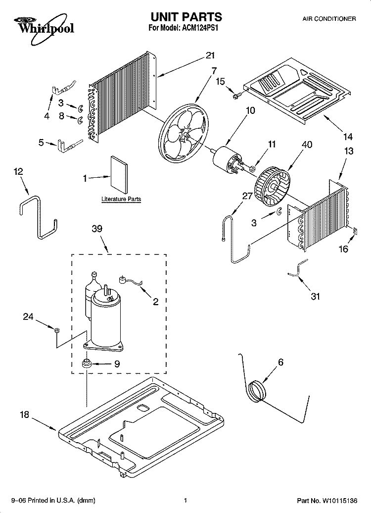 UNIT PARTS Diagram and Parts List for ACM124PS1  Whirlpool Air Conditioner