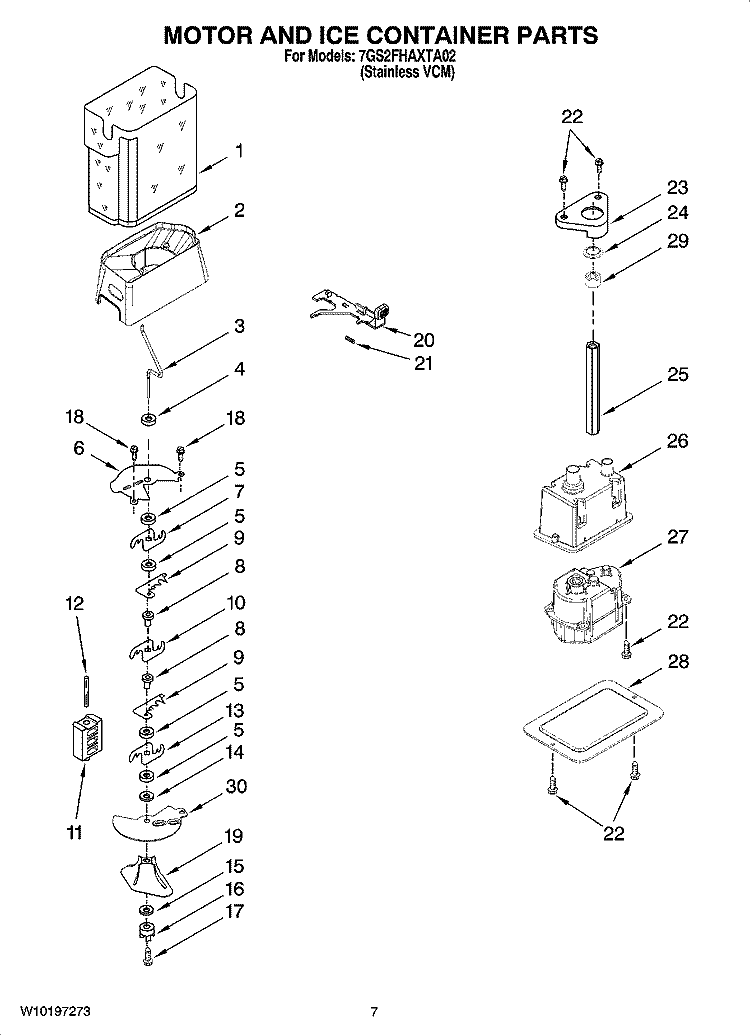 MOTOR AND ICE CONTAINER PARTS Diagram and Parts List for 7GS2FHAXTA02  Whirlpool Refrigerator