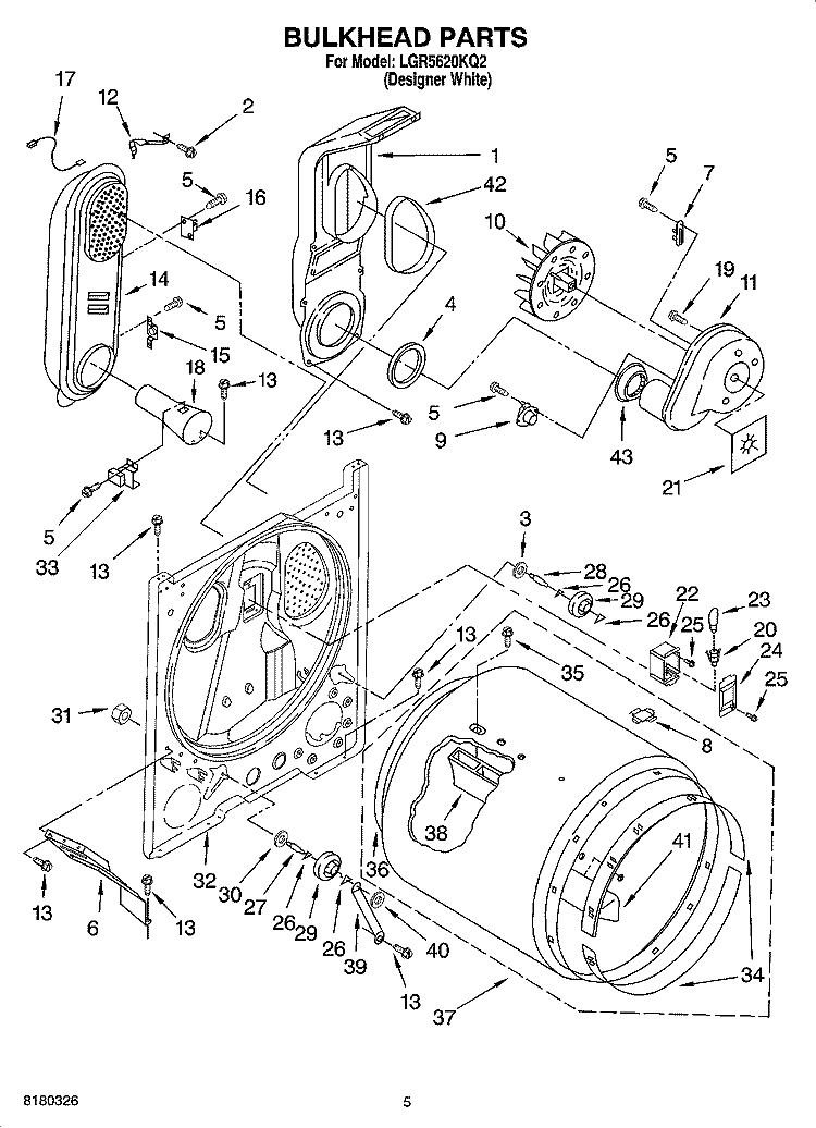 BULKHEAD PARTS Diagram and Parts List for LGR5620KQ2  Whirlpool Dryer
